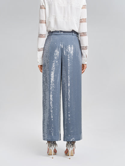 Sequin Belted Wide-Leg Pants