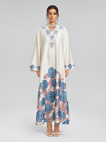 Pearl-Embellished Floral V-Neck Relaxed Dress