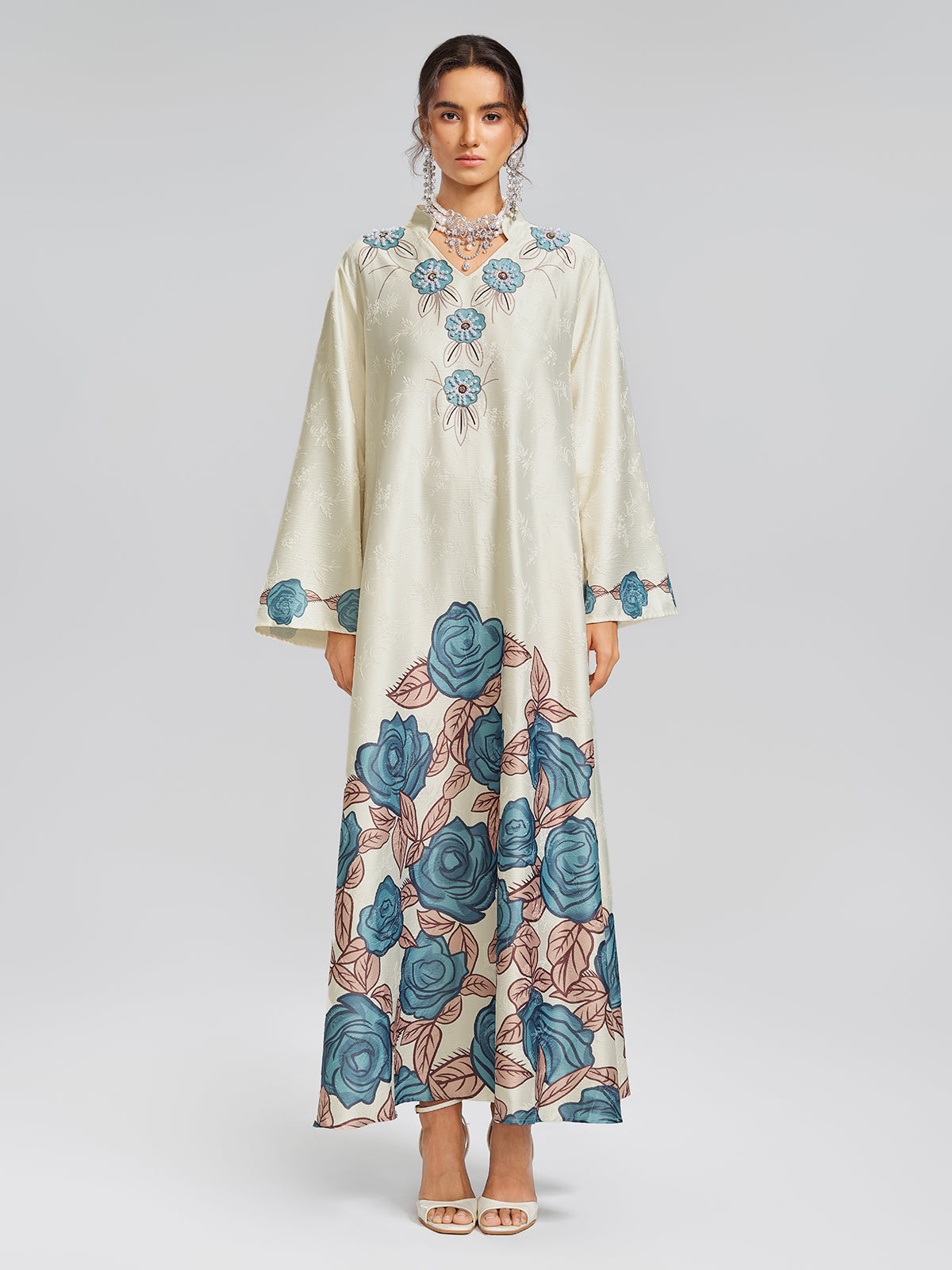Pearl-Embellished Floral V-Neck Relaxed Dress