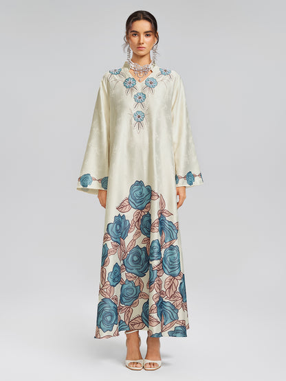 Pearl-Embellished Floral V-Neck Relaxed Dress