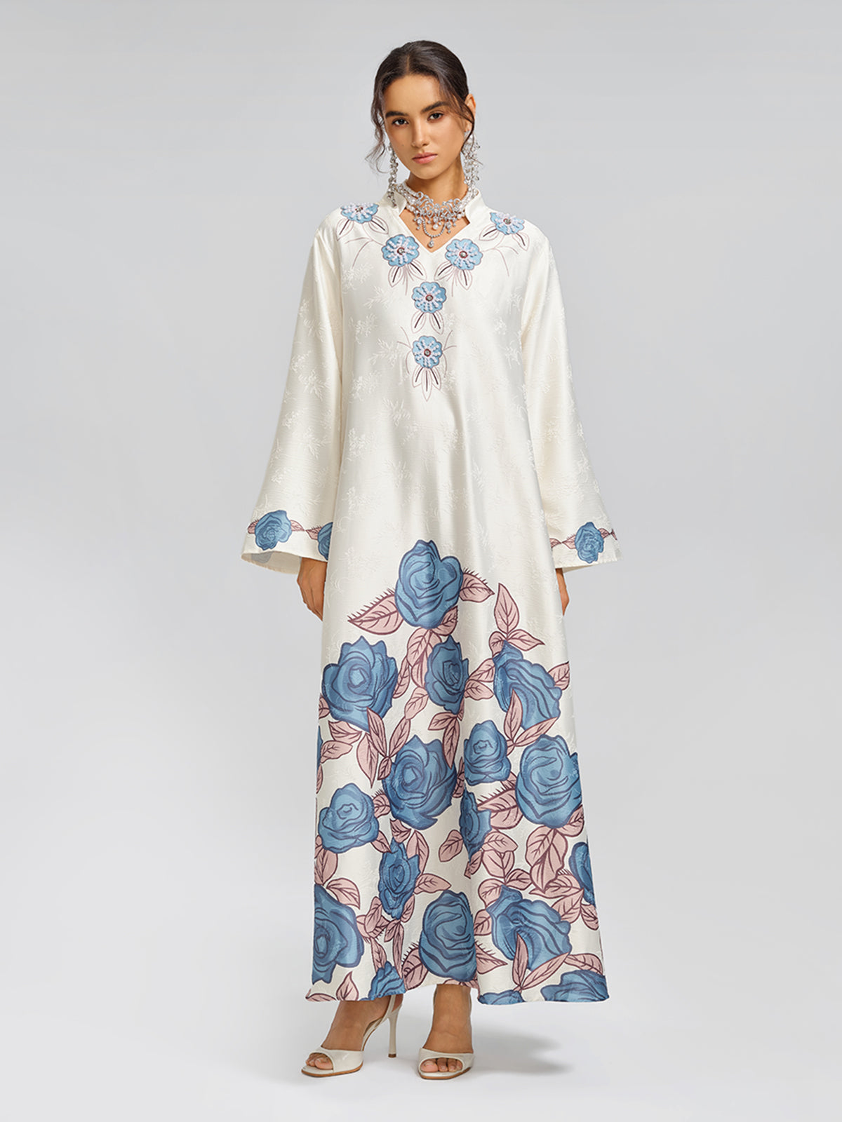 Pearl-Embellished Floral V-Neck Relaxed Dress