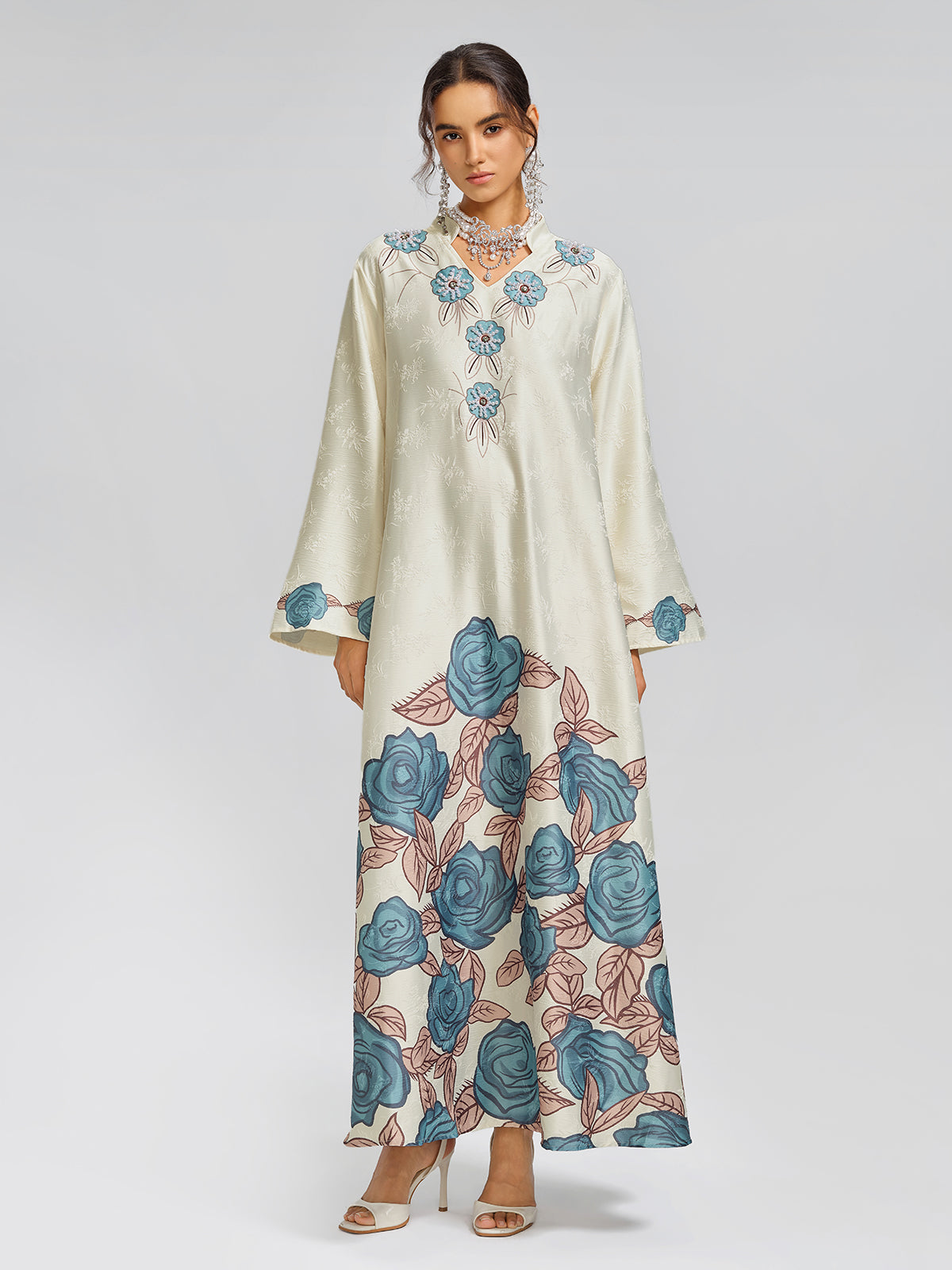 Pearl-Embellished Floral V-Neck Relaxed Dress