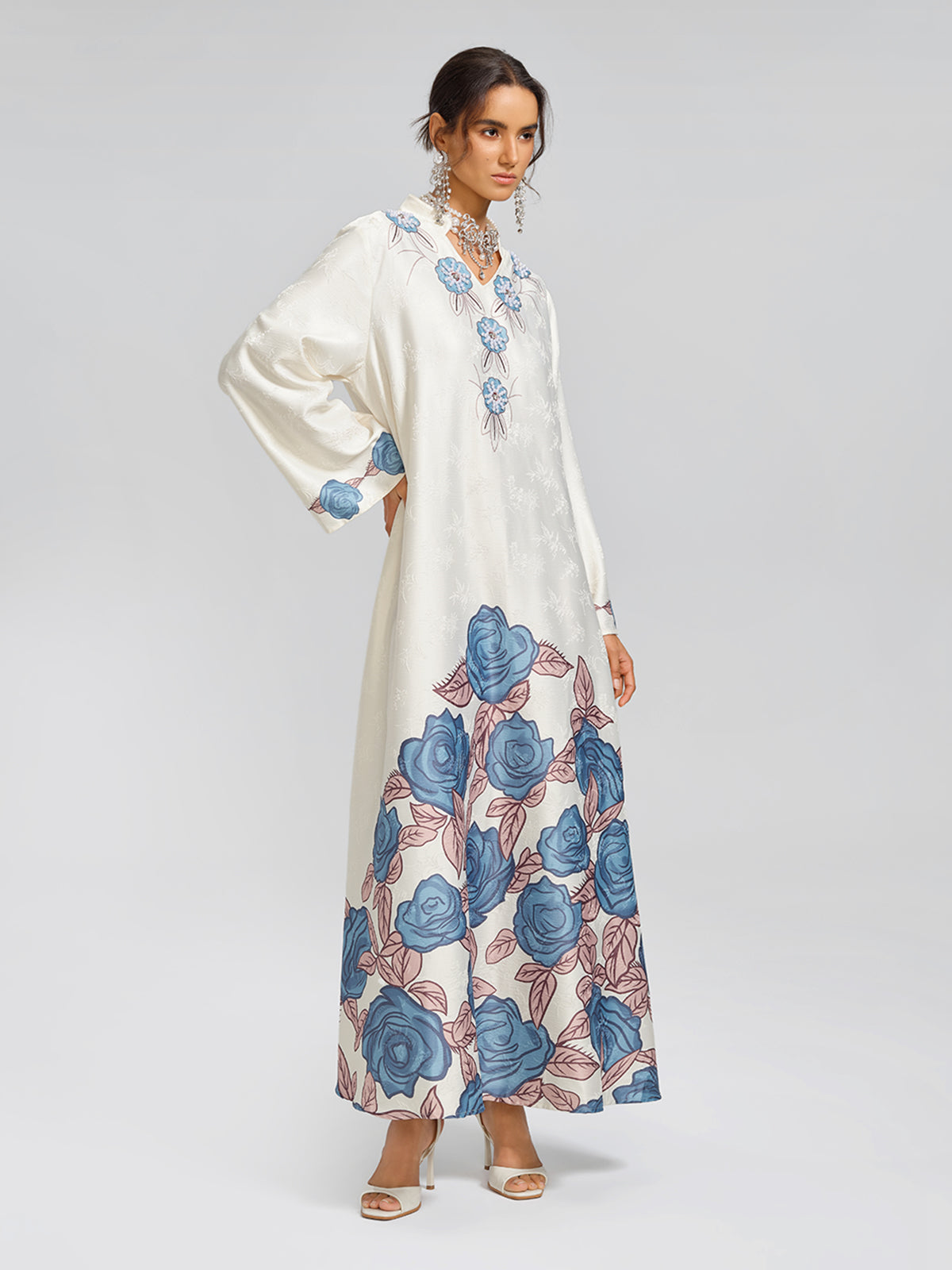 Pearl-Embellished Floral V-Neck Relaxed Dress