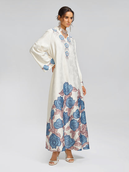 Pearl-Embellished Floral V-Neck Relaxed Dress