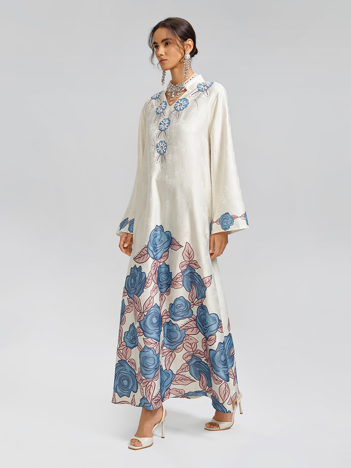 Pearl-Embellished Floral V-Neck Relaxed Dress