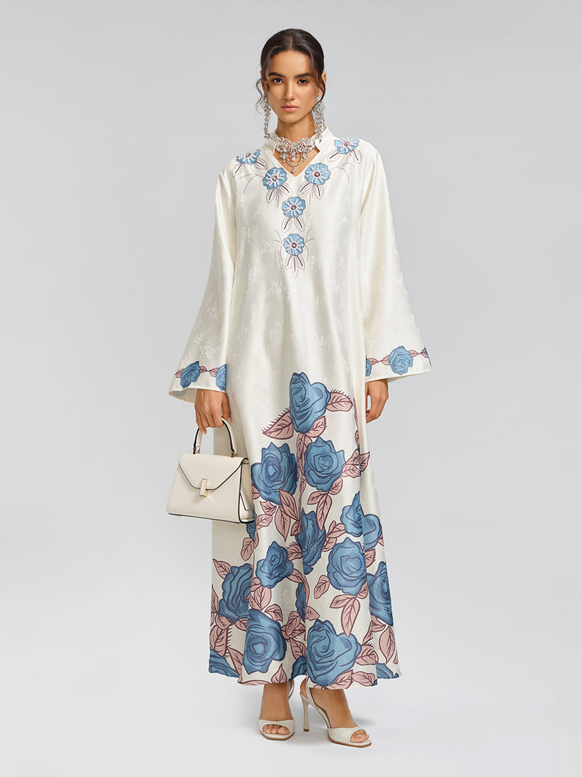 Pearl-Embellished Floral V-Neck Relaxed Dress