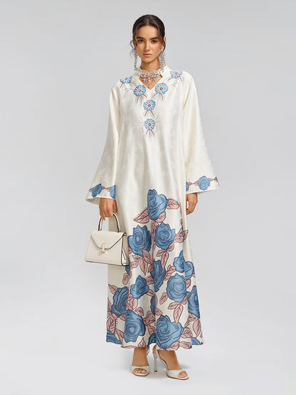 Pearl-Embellished Floral V-Neck Relaxed Dress