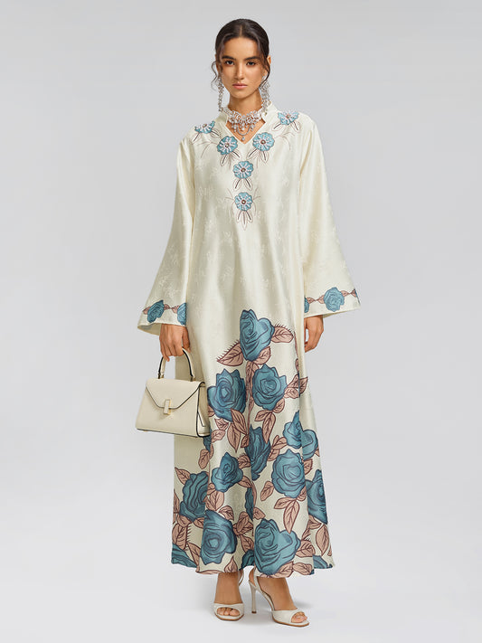 Pearl-Embellished Floral V-Neck Relaxed Dress