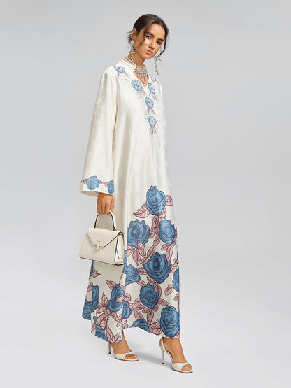 Pearl-Embellished Floral V-Neck Relaxed Dress