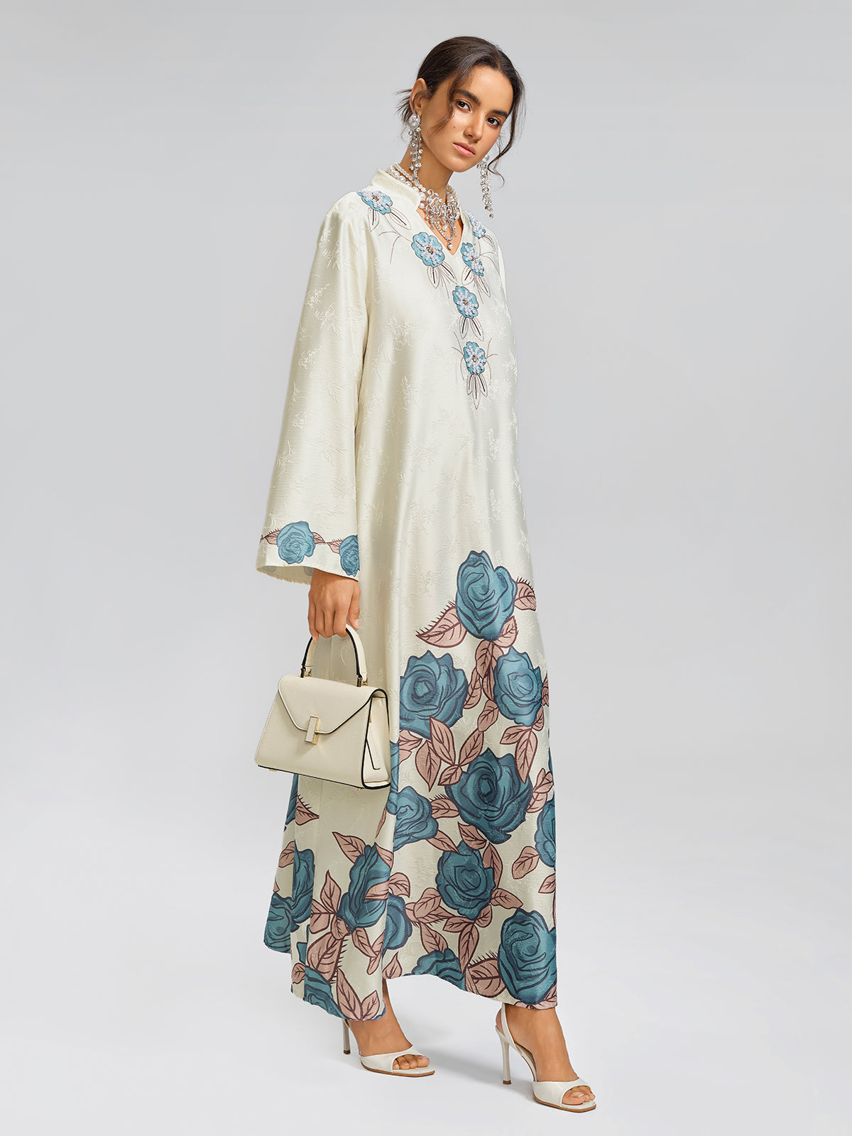 Pearl-Embellished Floral V-Neck Relaxed Dress