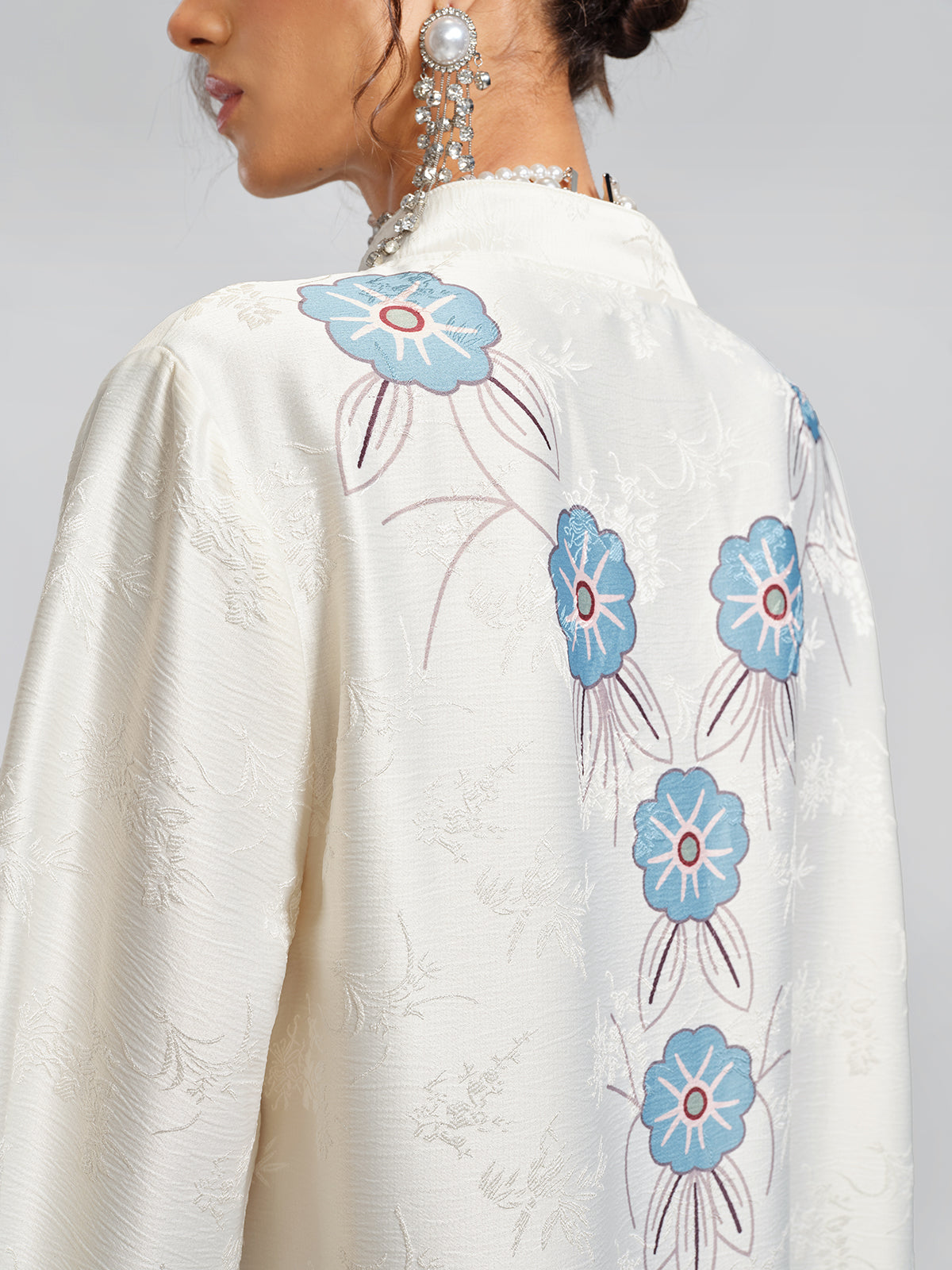 Pearl-Embellished Floral V-Neck Relaxed Dress