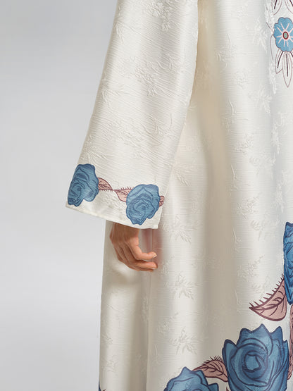 Pearl-Embellished Floral V-Neck Relaxed Dress