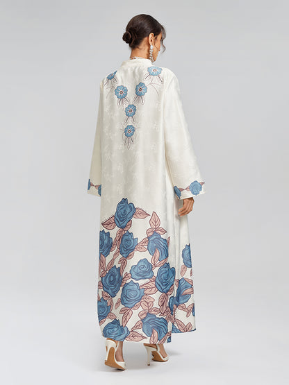 Pearl-Embellished Floral V-Neck Relaxed Dress