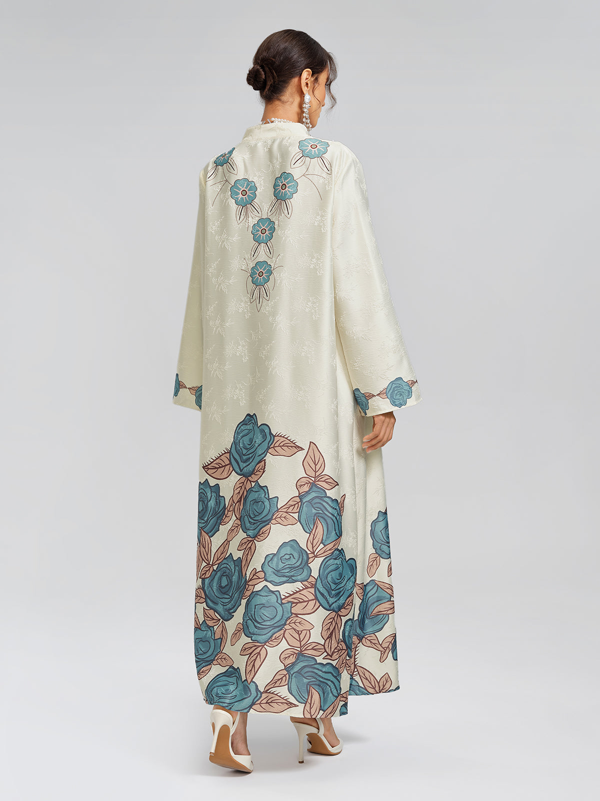 Pearl-Embellished Floral V-Neck Relaxed Dress