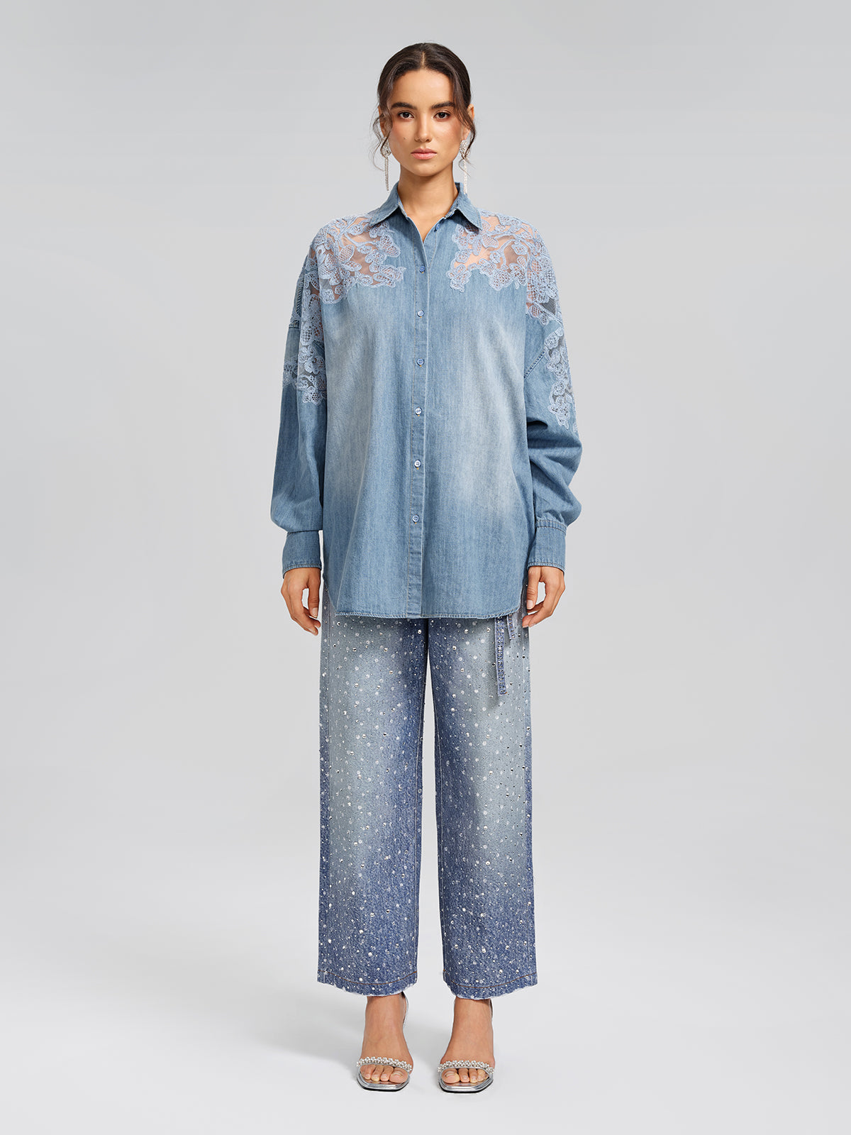 Final Sale | Floral Lace Panel Denim Shirt