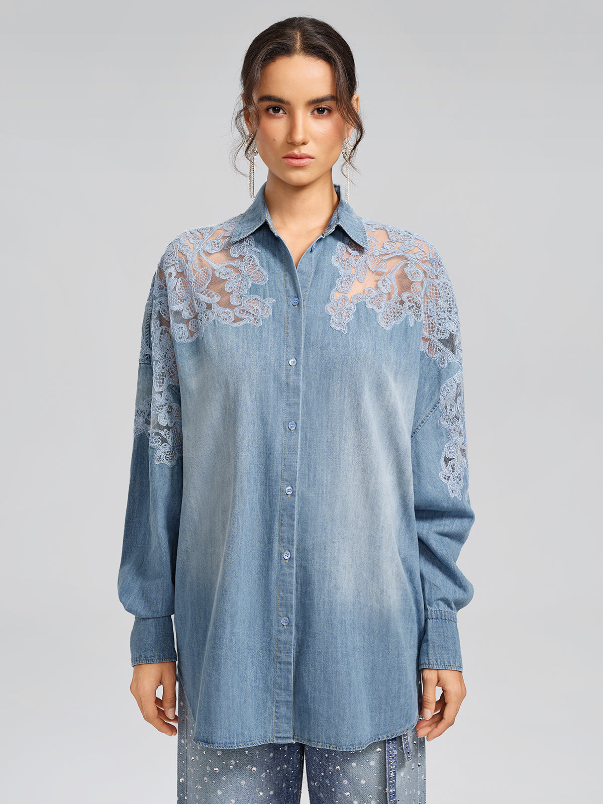 Final Sale | Floral Lace Panel Denim Shirt