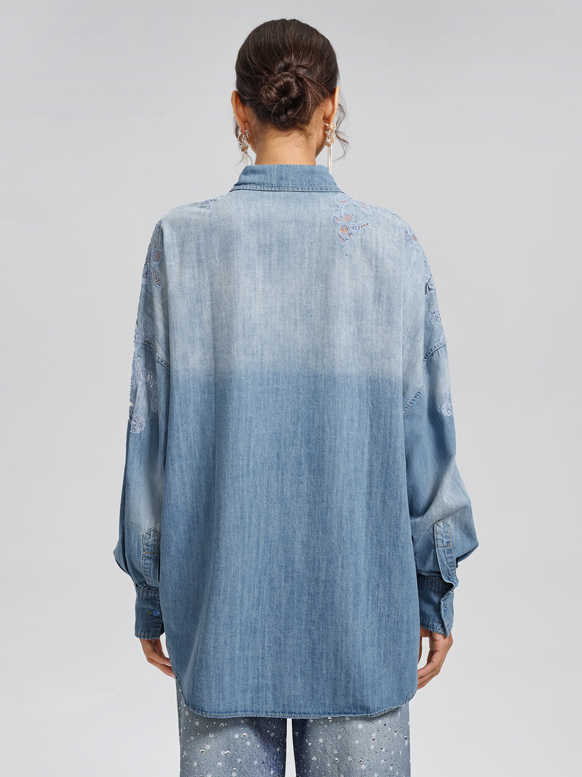 Final Sale | Floral Lace Panel Denim Shirt