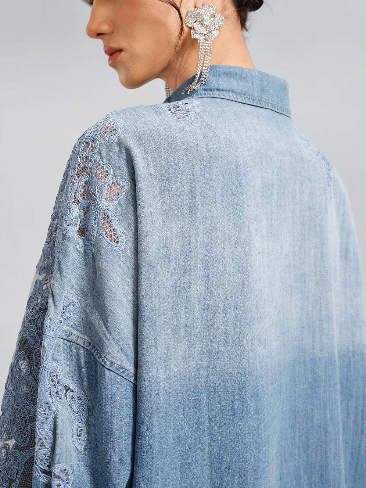 Final Sale | Floral Lace Panel Denim Shirt