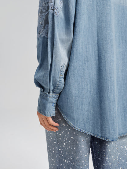 Floral Lace Panel Denim Shirt