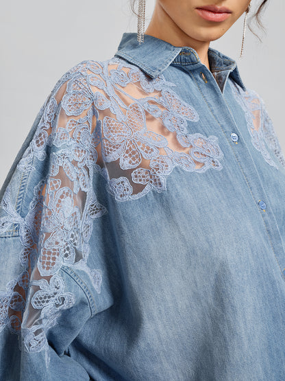 Floral Lace Panel Denim Shirt