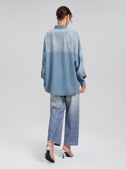 Floral Lace Panel Denim Shirt