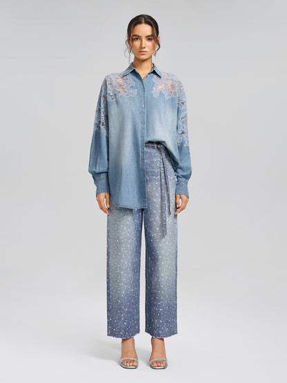Floral Lace Panel Denim Shirt