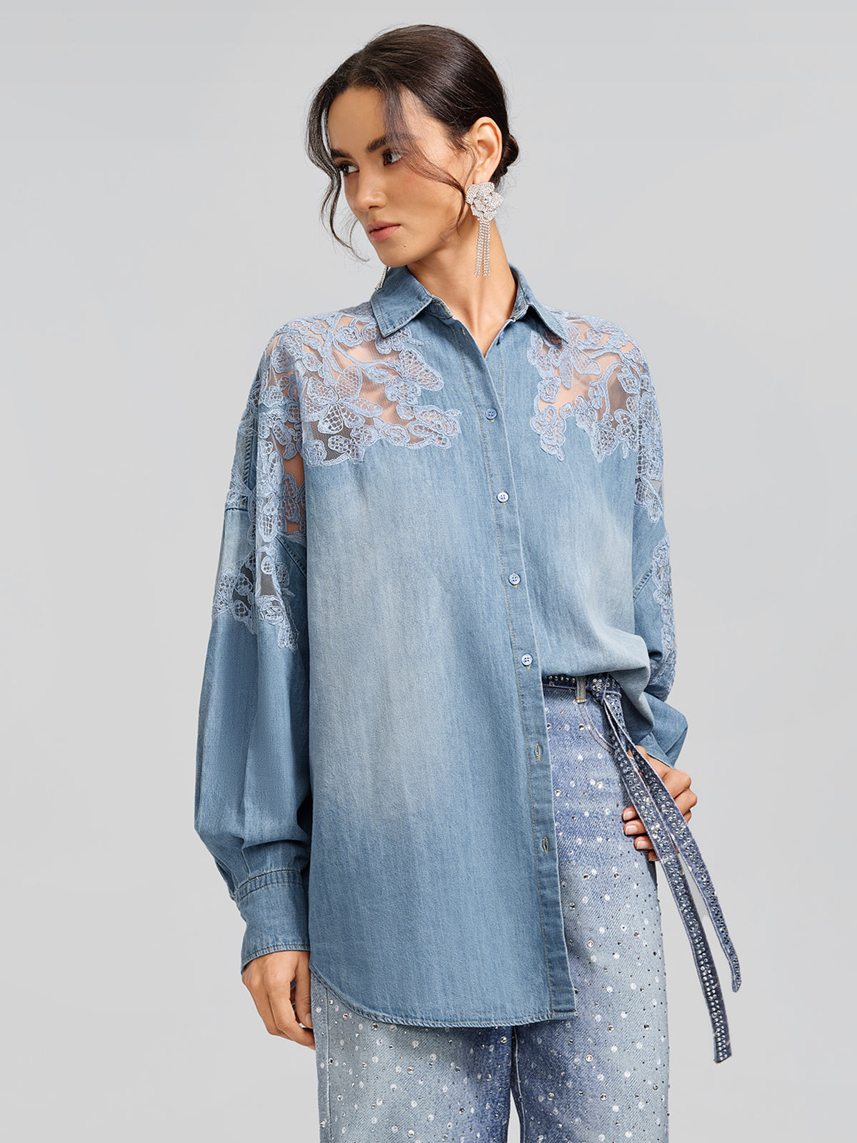 Final Sale | Floral Lace Panel Denim Shirt