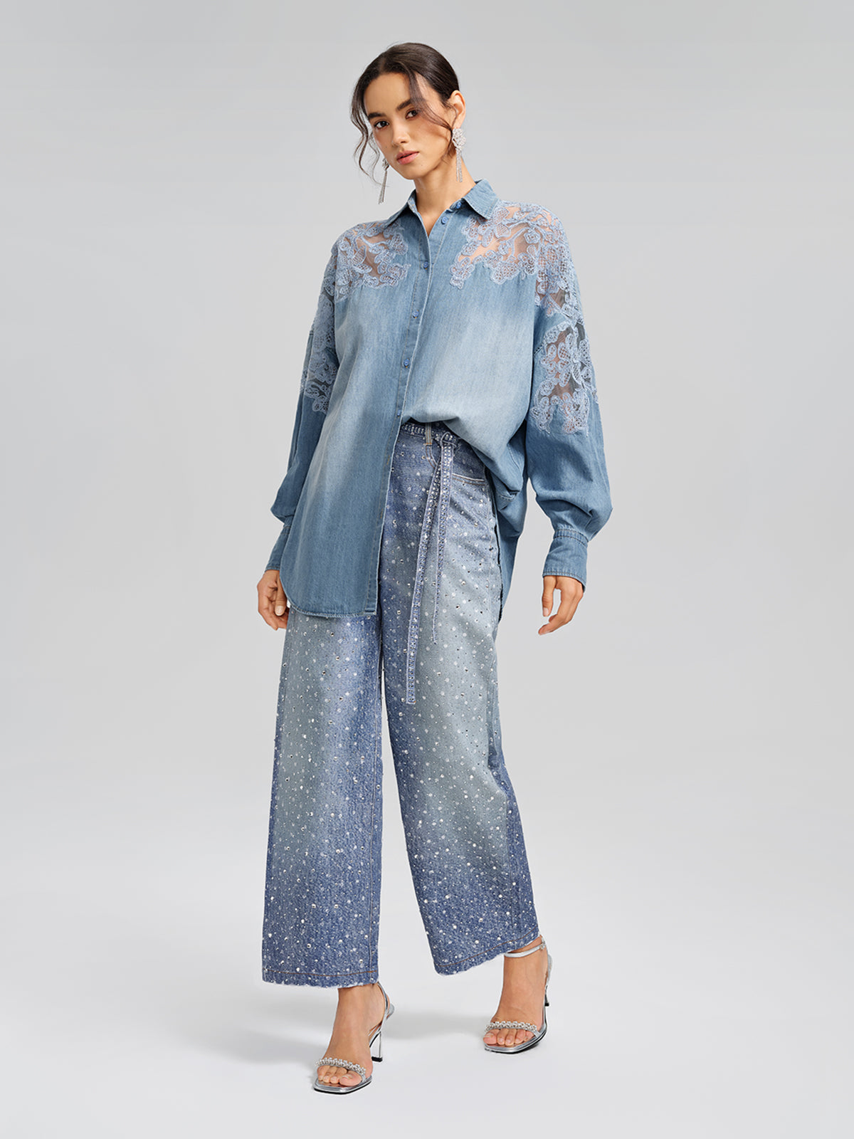 Floral Lace Panel Denim Shirt