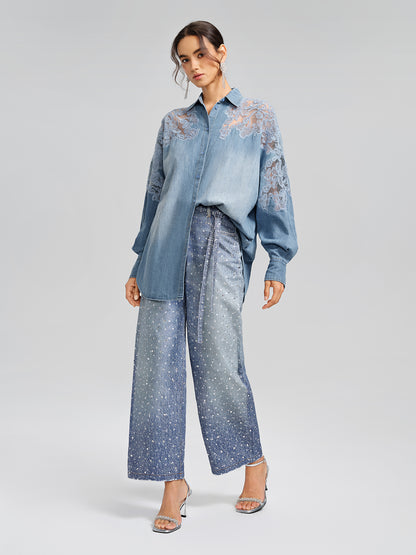 Floral Lace Panel Denim Shirt