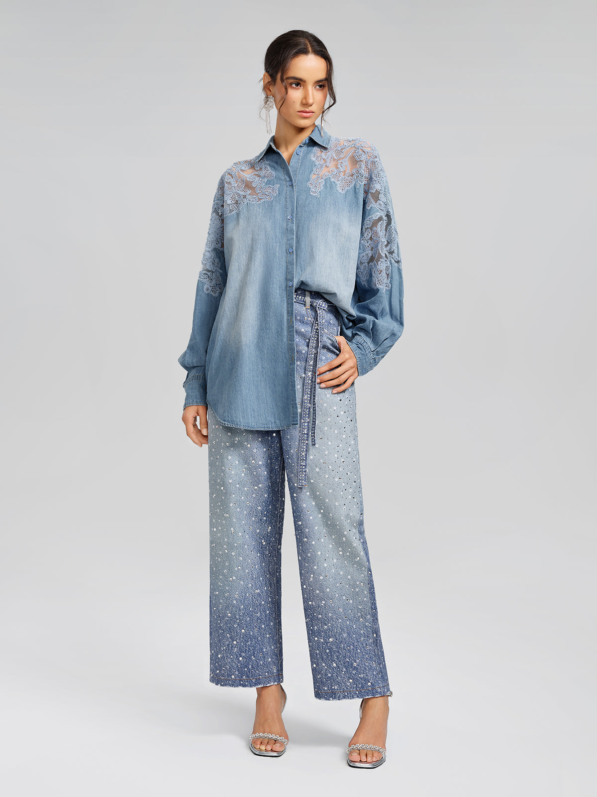 Final Sale | Floral Lace Panel Denim Shirt