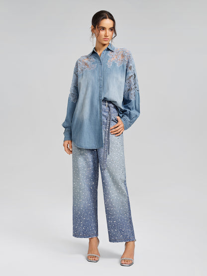 Floral Lace Panel Denim Shirt
