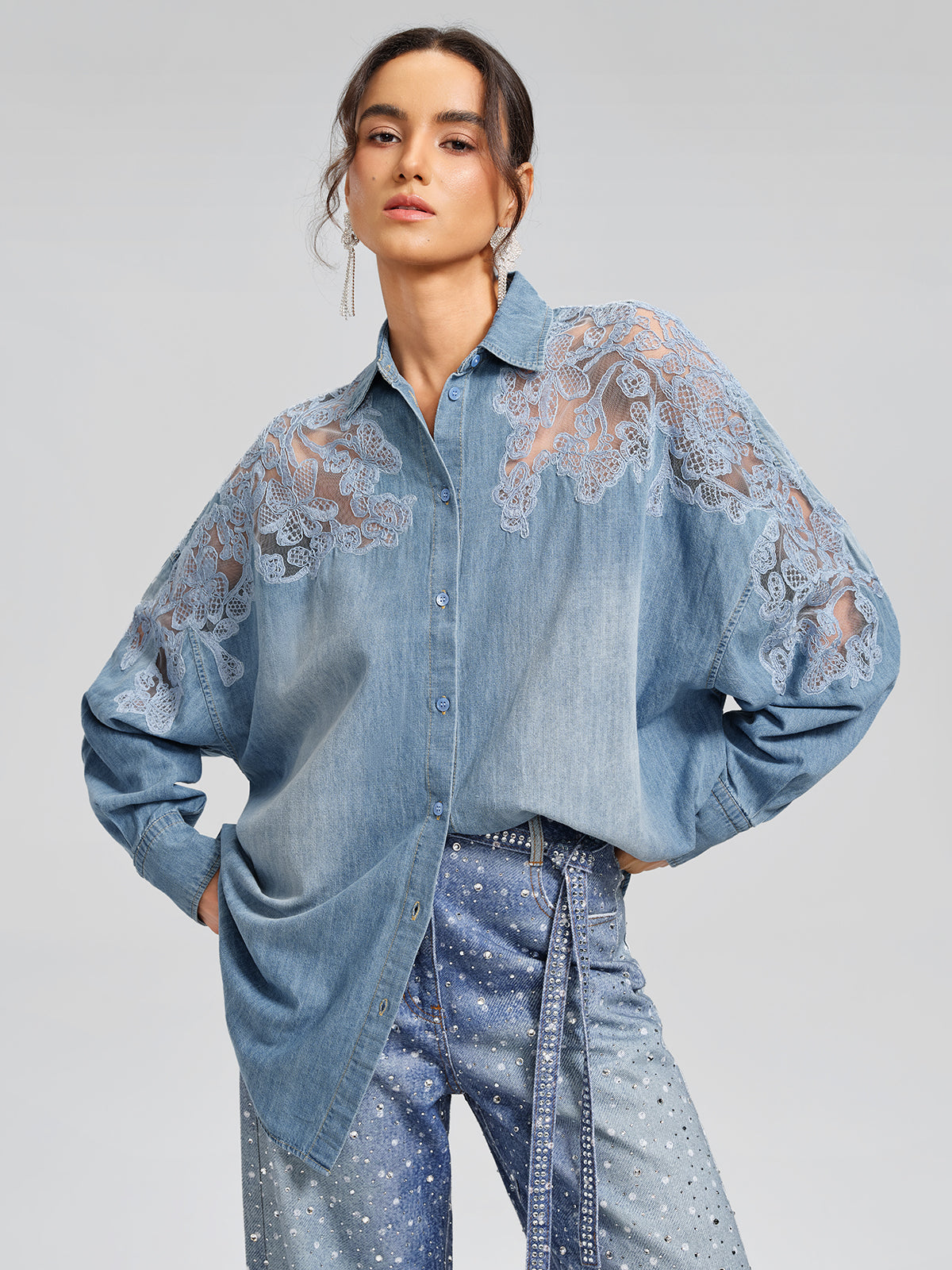Final Sale | Floral Lace Panel Denim Shirt