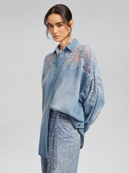 Floral Lace Panel Denim Shirt