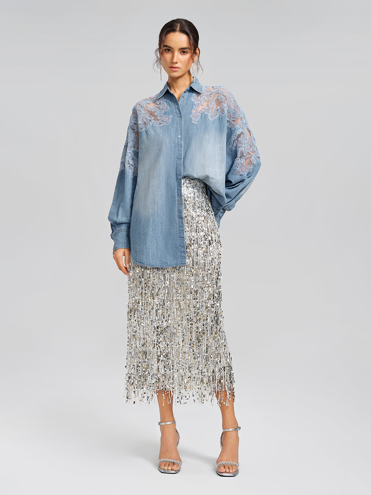 Floral Lace Panel Denim Shirt