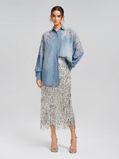 Floral Lace Panel Denim Shirt