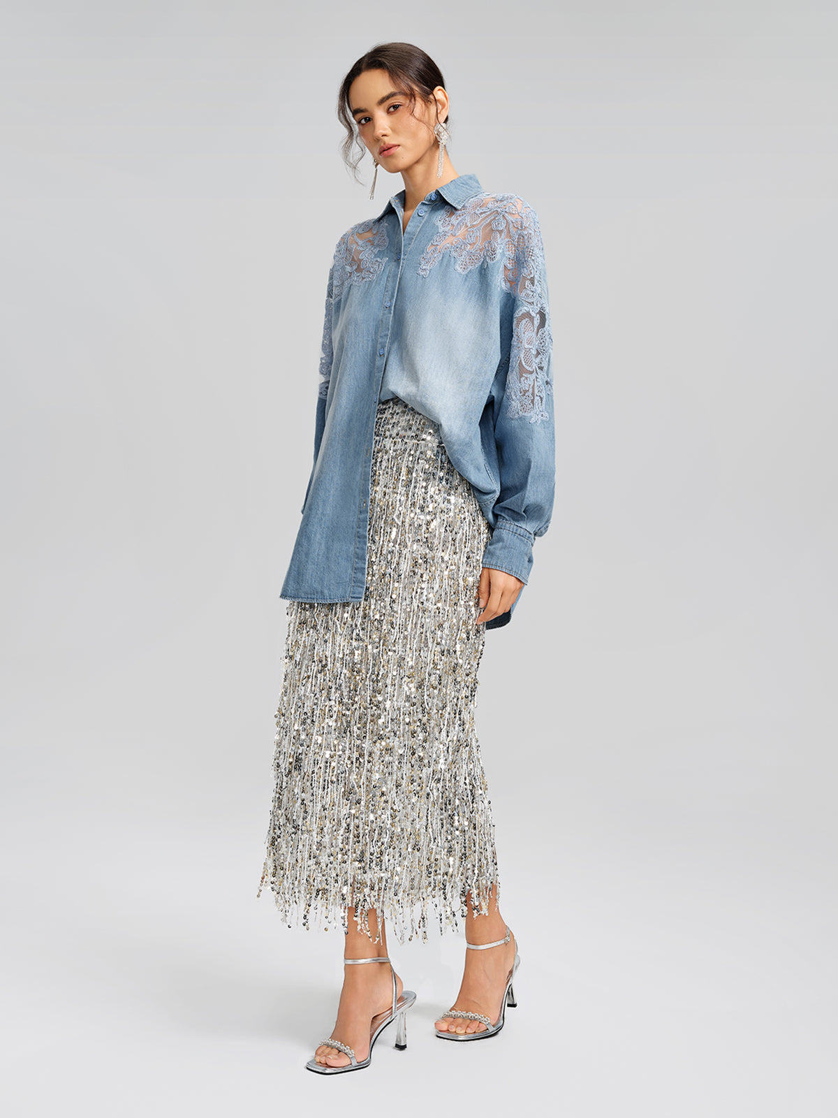 Floral Lace Panel Denim Shirt