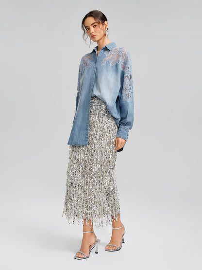 Floral Lace Panel Denim Shirt