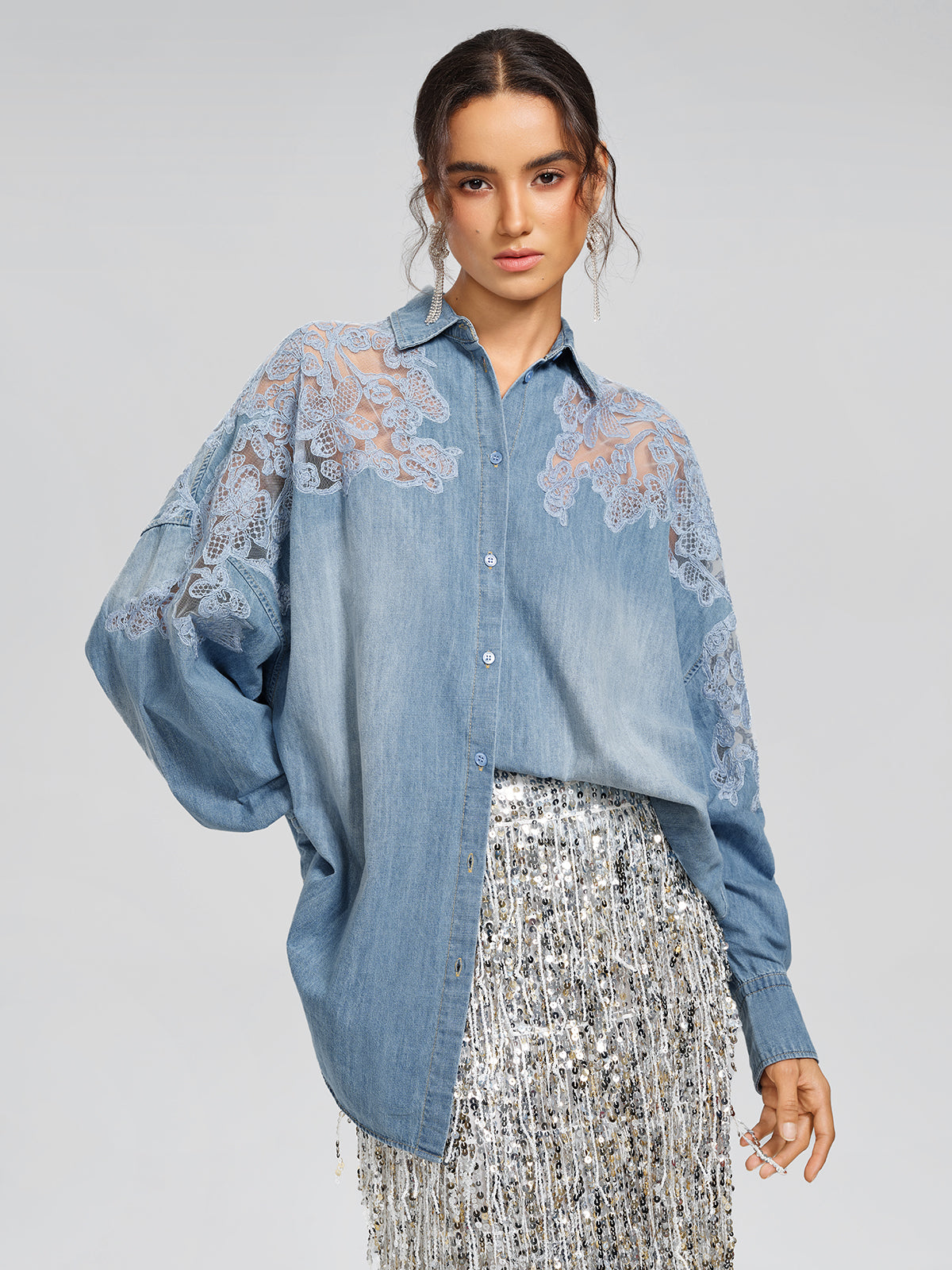 Final Sale | Floral Lace Panel Denim Shirt