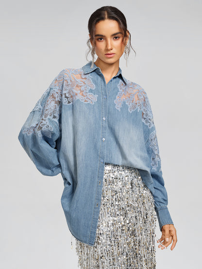 Floral Lace Panel Denim Shirt