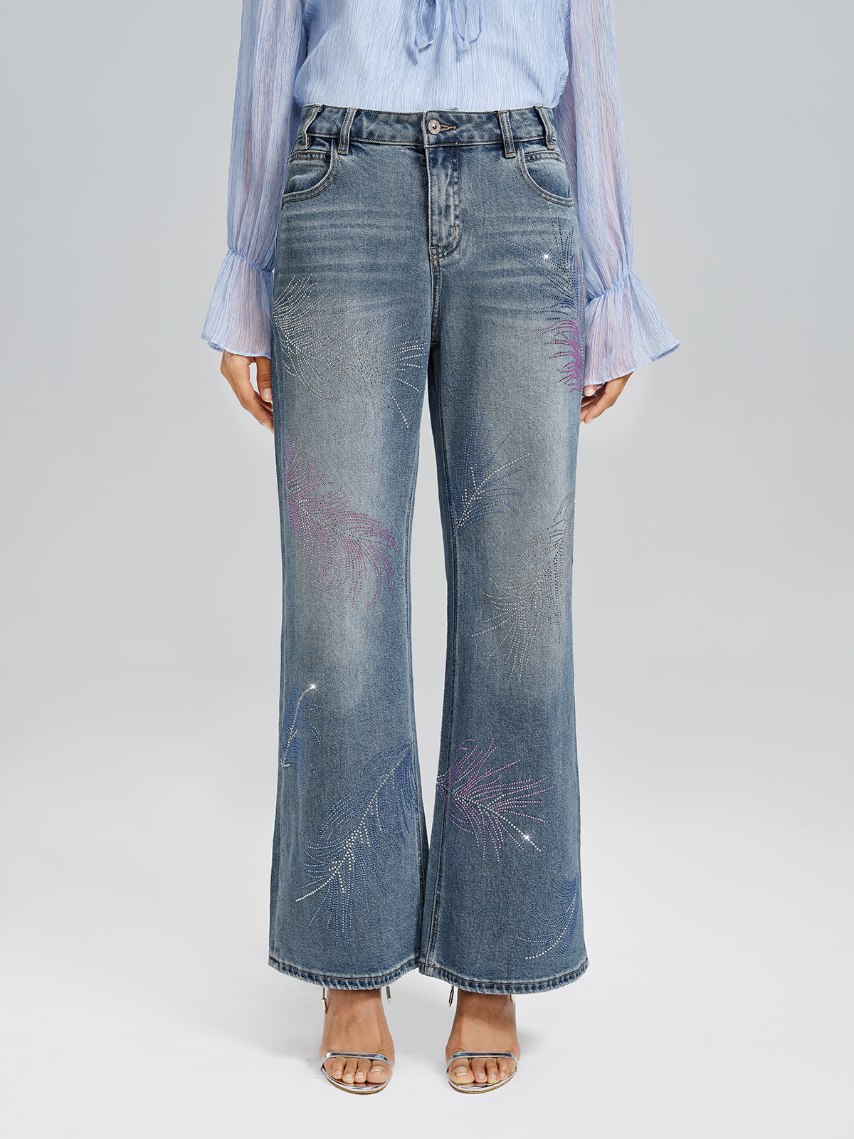 Rhinestone-Embellished Feather Denim Jeans