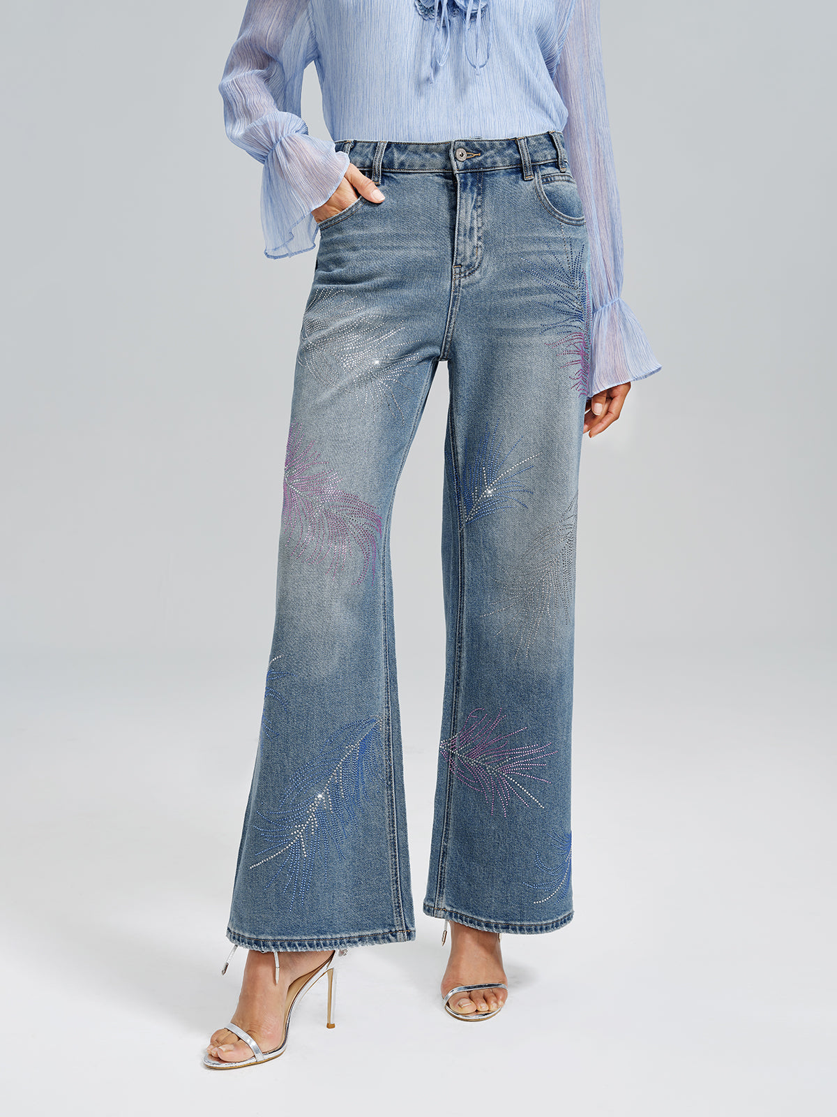 Rhinestone-Embellished Feather Denim Jeans
