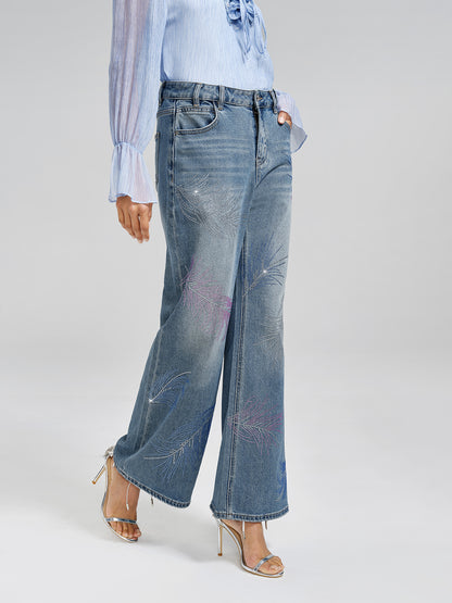 Rhinestone-Embellished Feather Denim Jeans