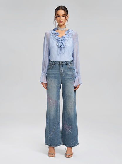 Rhinestone-Embellished Feather Denim Jeans