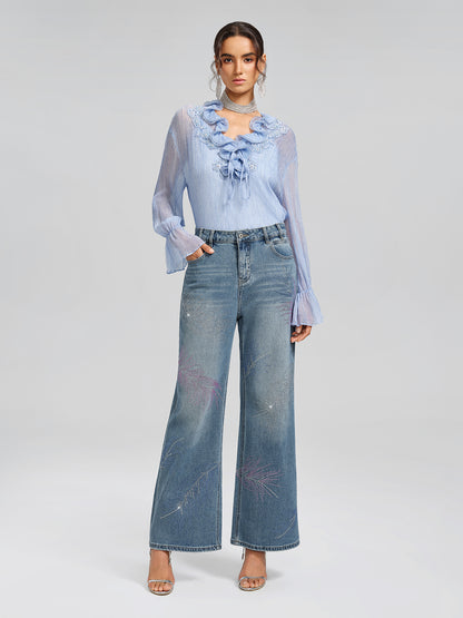 Rhinestone-Embellished Feather Denim Jeans