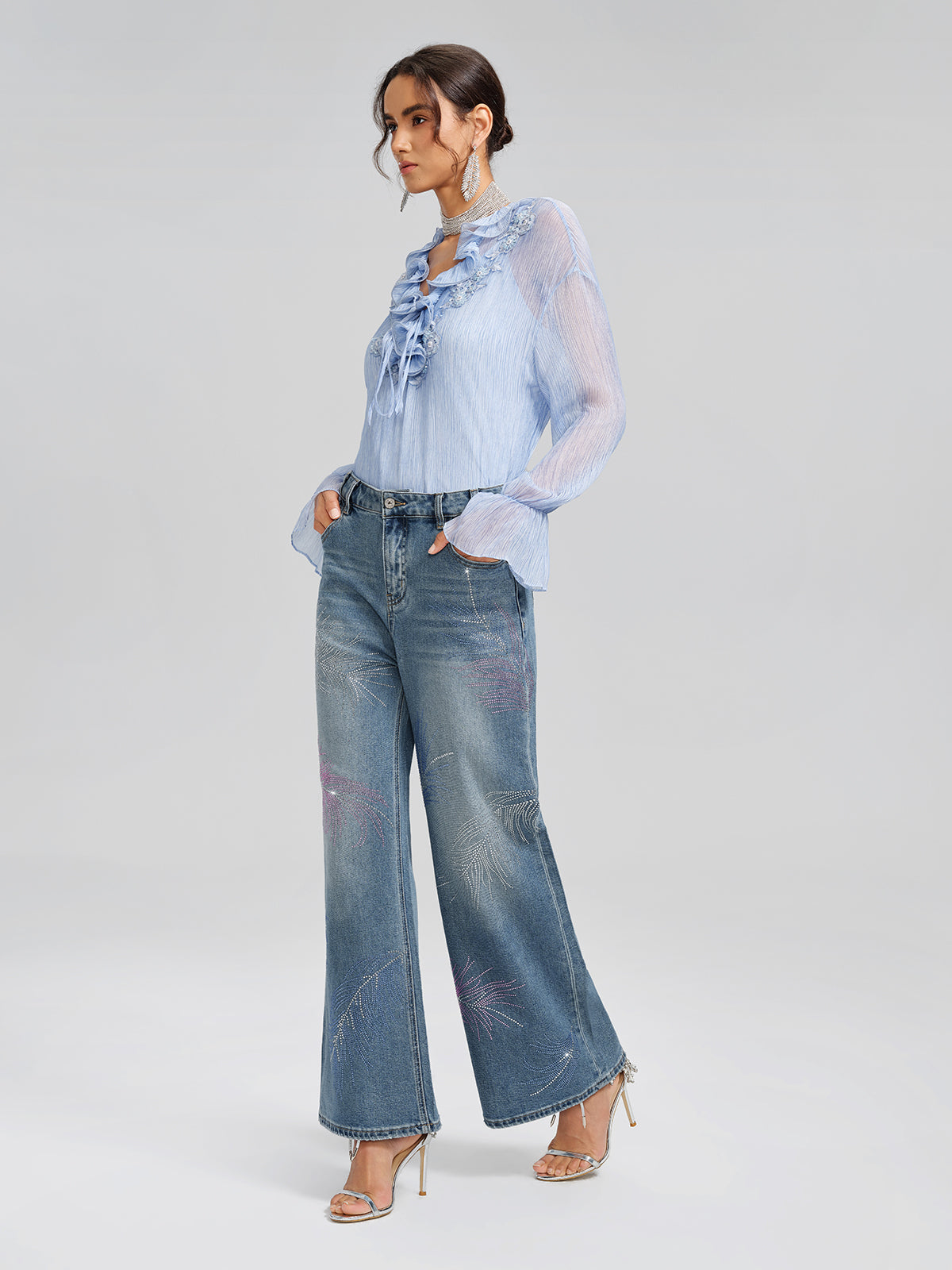 Rhinestone-Embellished Feather Denim Jeans