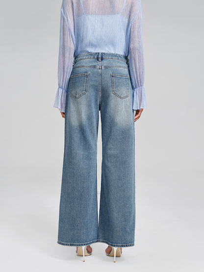 Rhinestone-Embellished Feather Denim Jeans