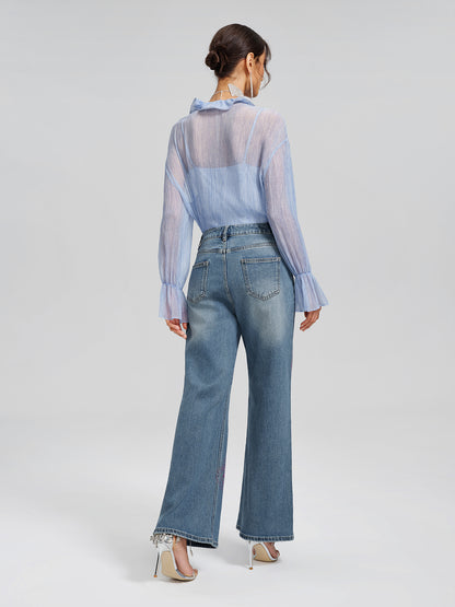 Rhinestone-Embellished Feather Denim Jeans