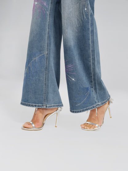 Rhinestone-Embellished Feather Denim Jeans