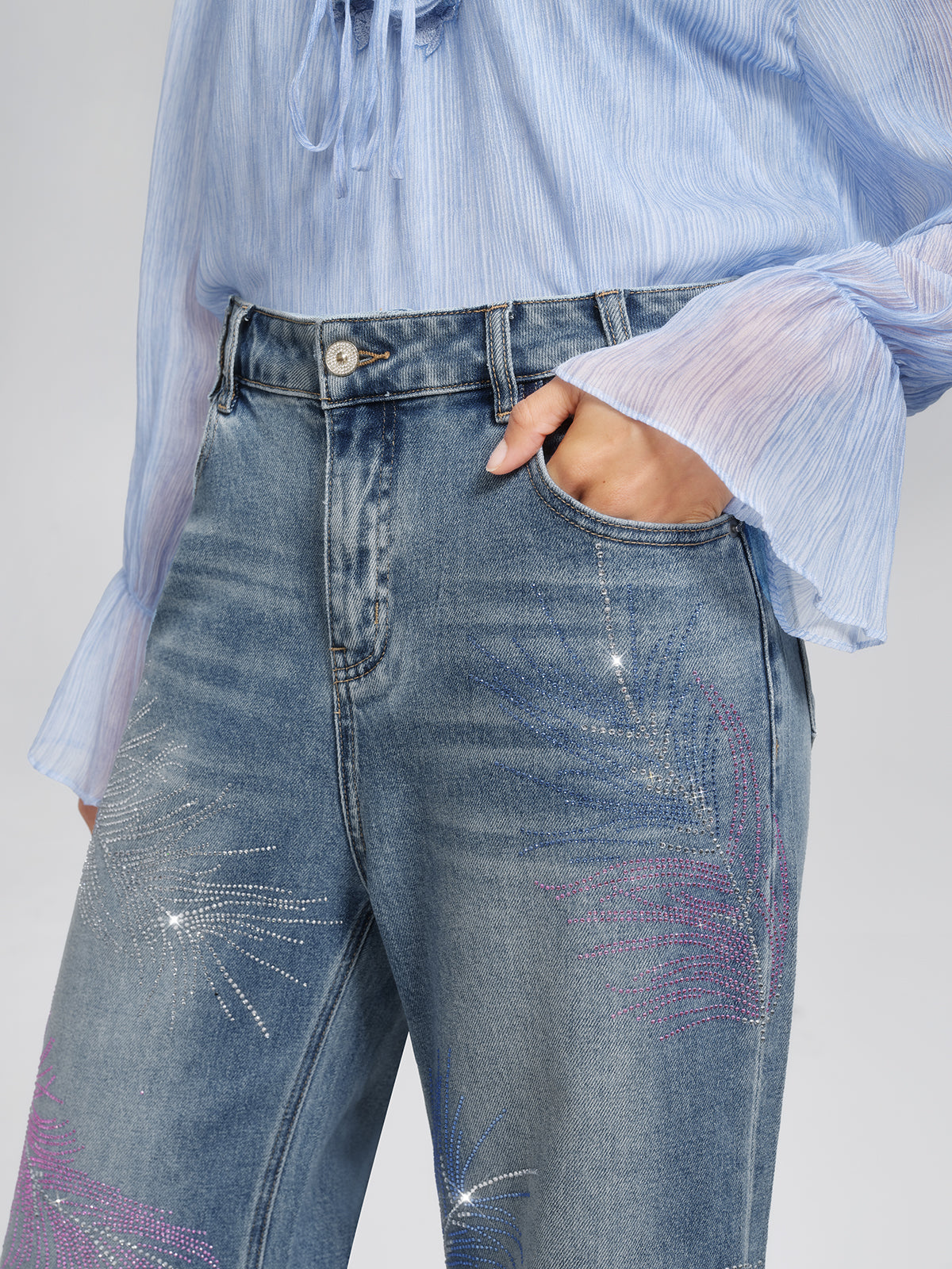 Rhinestone-Embellished Feather Denim Jeans