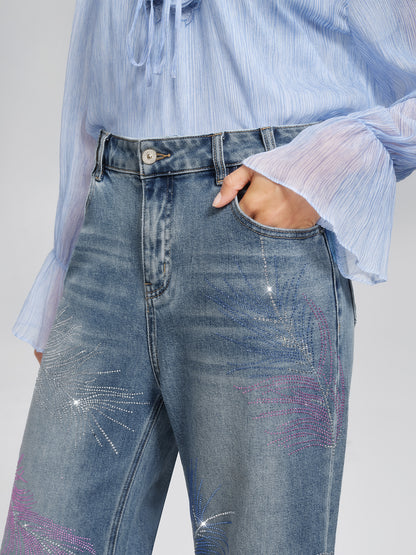 Rhinestone-Embellished Feather Denim Jeans